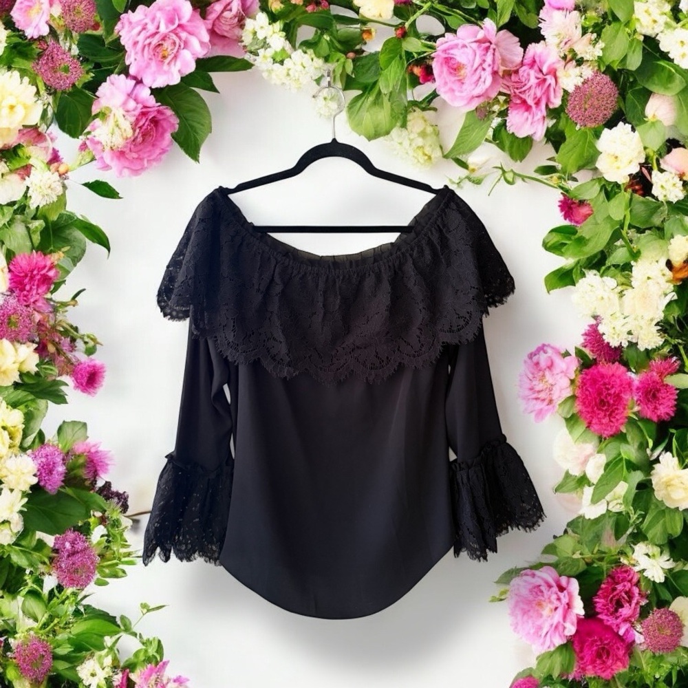 WHBM Black Off-Shoulder Top with Wide Black Lace - Picture 4 of 13